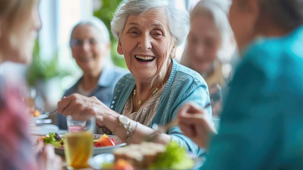 Volunteer and assisted living residents share a table while playing cards in a bright community room.