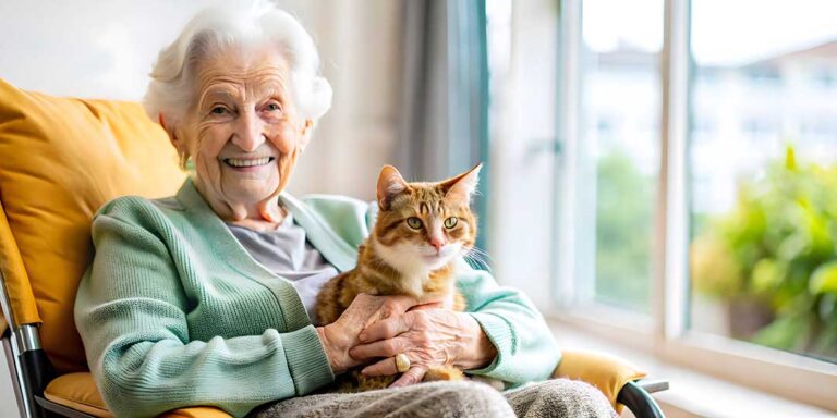 Older adult in an assisted living room using a tablet on a stand beside a large-print instruction card.